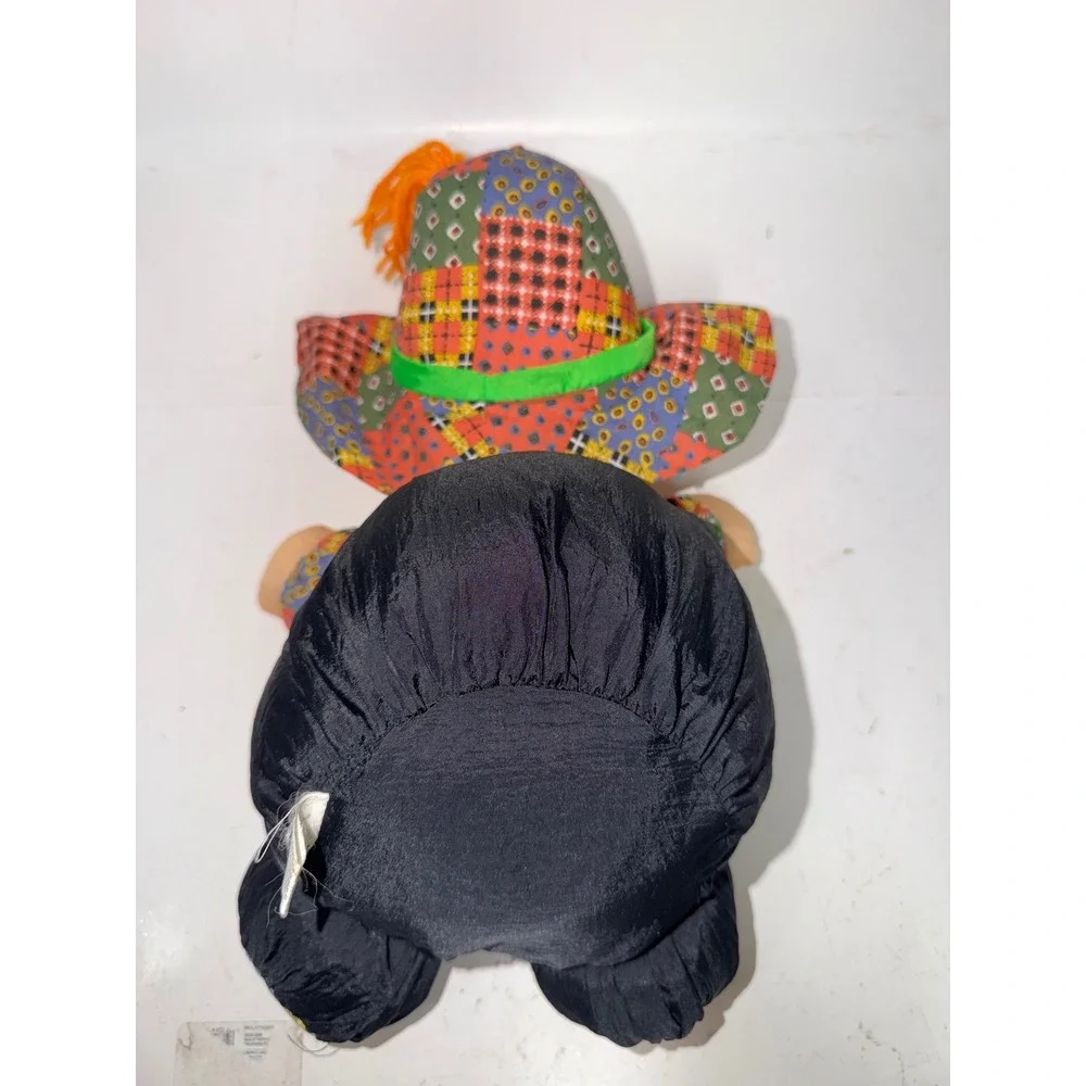 Vintage Patchwork Clown Plush Doll Colorful Bow Tie Orange Yarn Hair 12 Inch